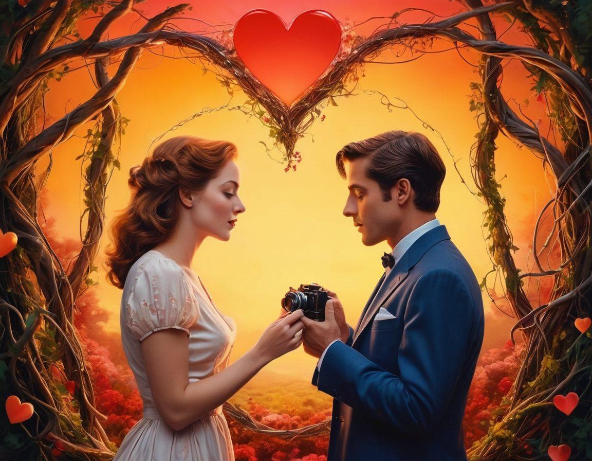 A visually captivating collage featuring iconic scenes from classic mature films intertwined with abstract representations of love, such as glowing hearts and intertwining vines. The background should have a dreamy twilight ambiance with soft, warm colors to convey a sense of nostalgia and passion. Include subtle hints of film reels and vintage cameras to enhance the allure. The overall composition should evoke emotions of satisfaction and euphoria. vibrant colors. surrealism.
