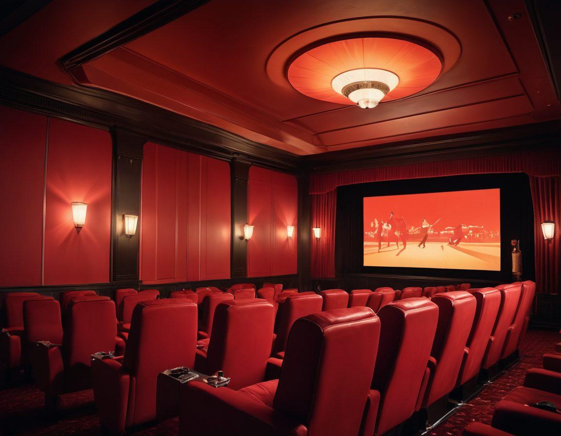 A captivating scene featuring a vintage cinema with plush red seats, a large projector casting vibrant film reels, and an intrigued audience, embodying the allure and excitement of erotic cinema. Soft lighting highlights the intimate atmosphere, while sensual silhouettes subtly grace the screen. Include elements of classic film posters with alluring imagery and bold colors to create a striking visual. art deco style. warm tones. cinematic ambiance.